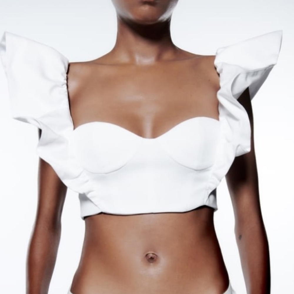 Zara White Ruffle Sleeve Crop Top